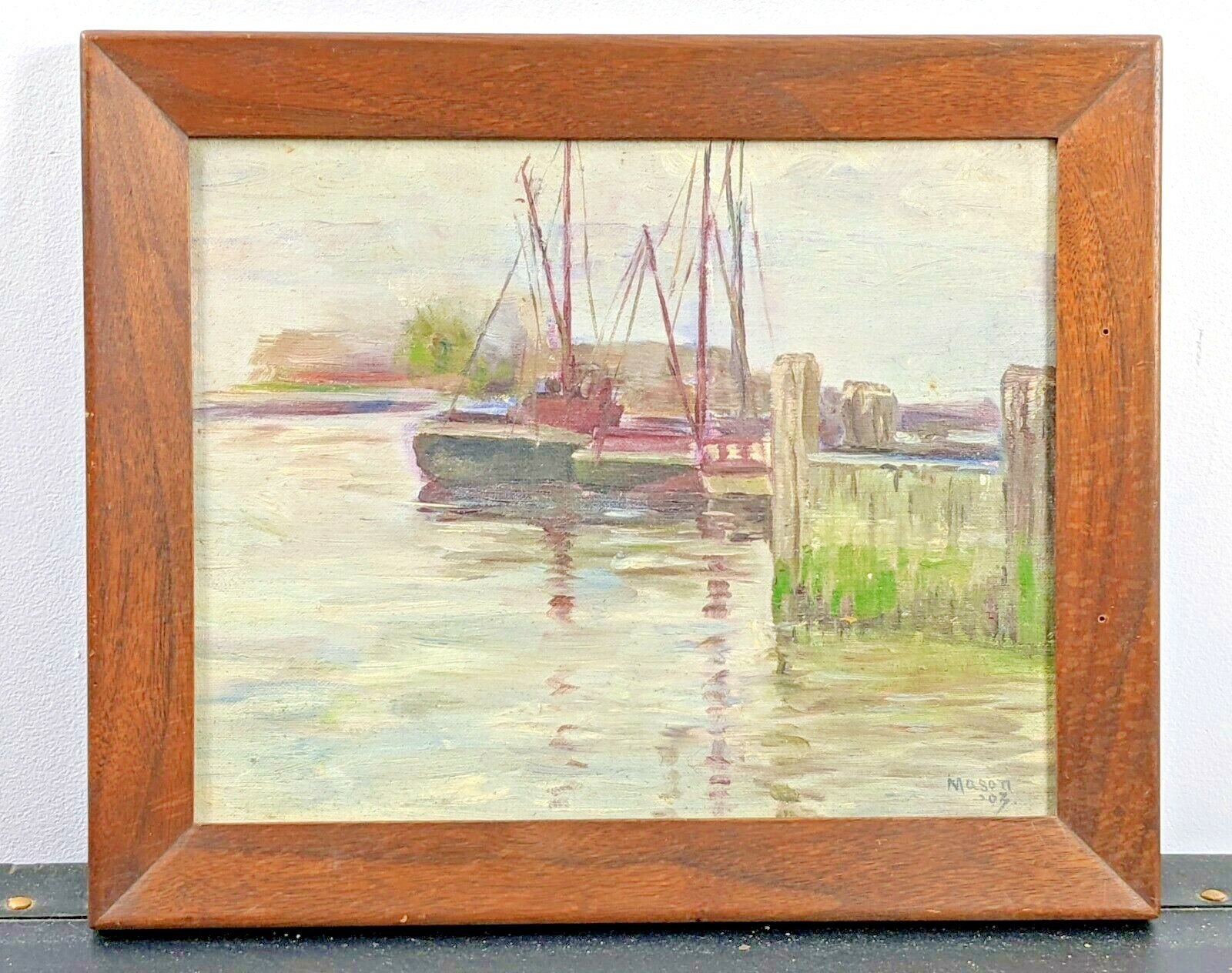 1903 Frank Mason Boats & Harbor Oil Painting on Canvas in Handmade Walnut Frame