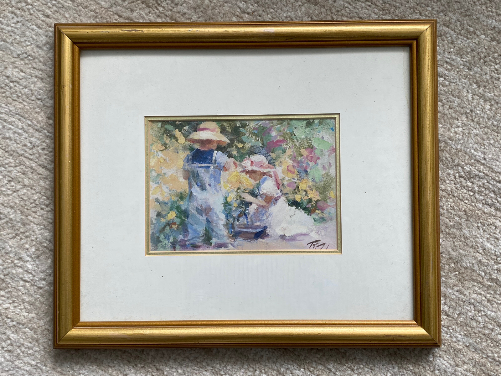 Framed Oil Painting Art, Children In The Garden, Signed