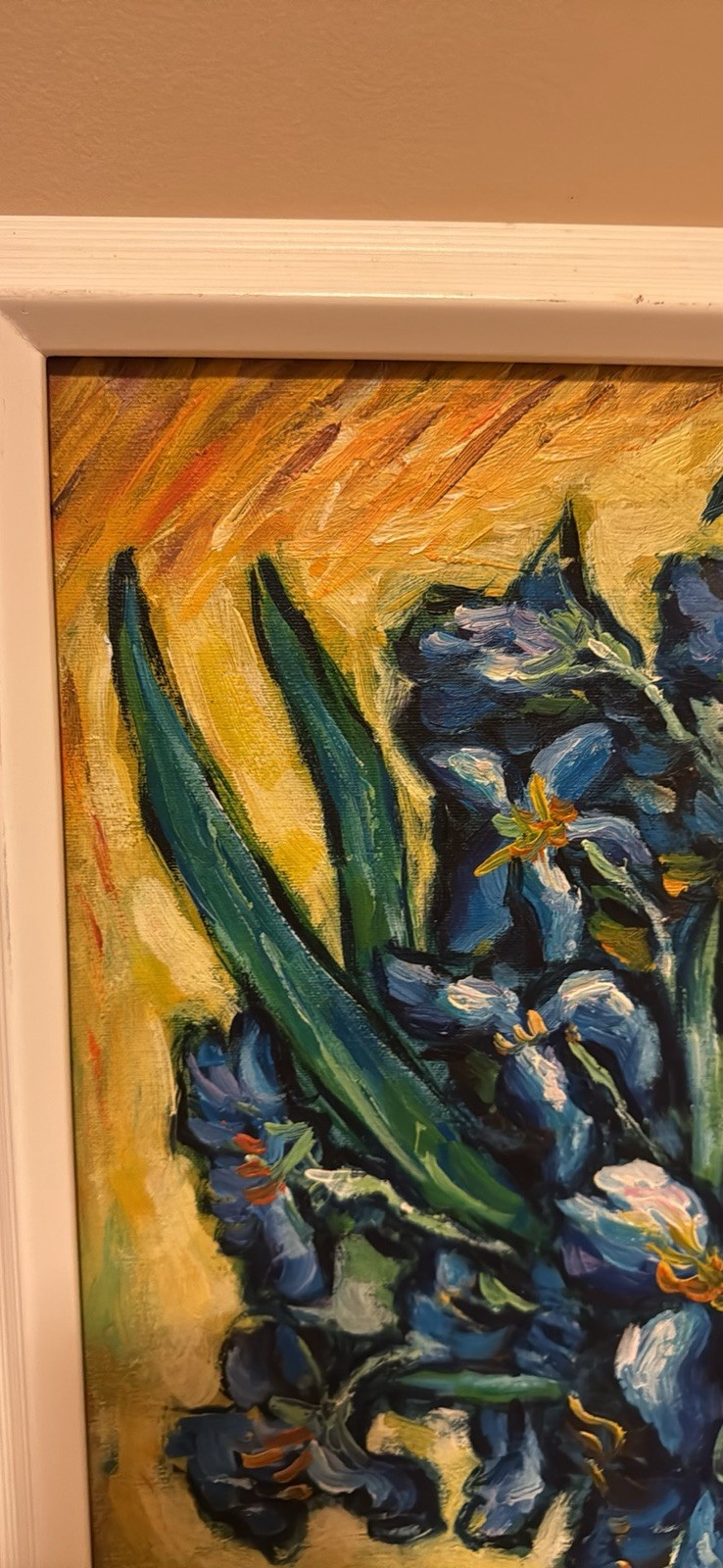 Vase with irises against a yellow backdrop – Original Oil Painting By Geelong