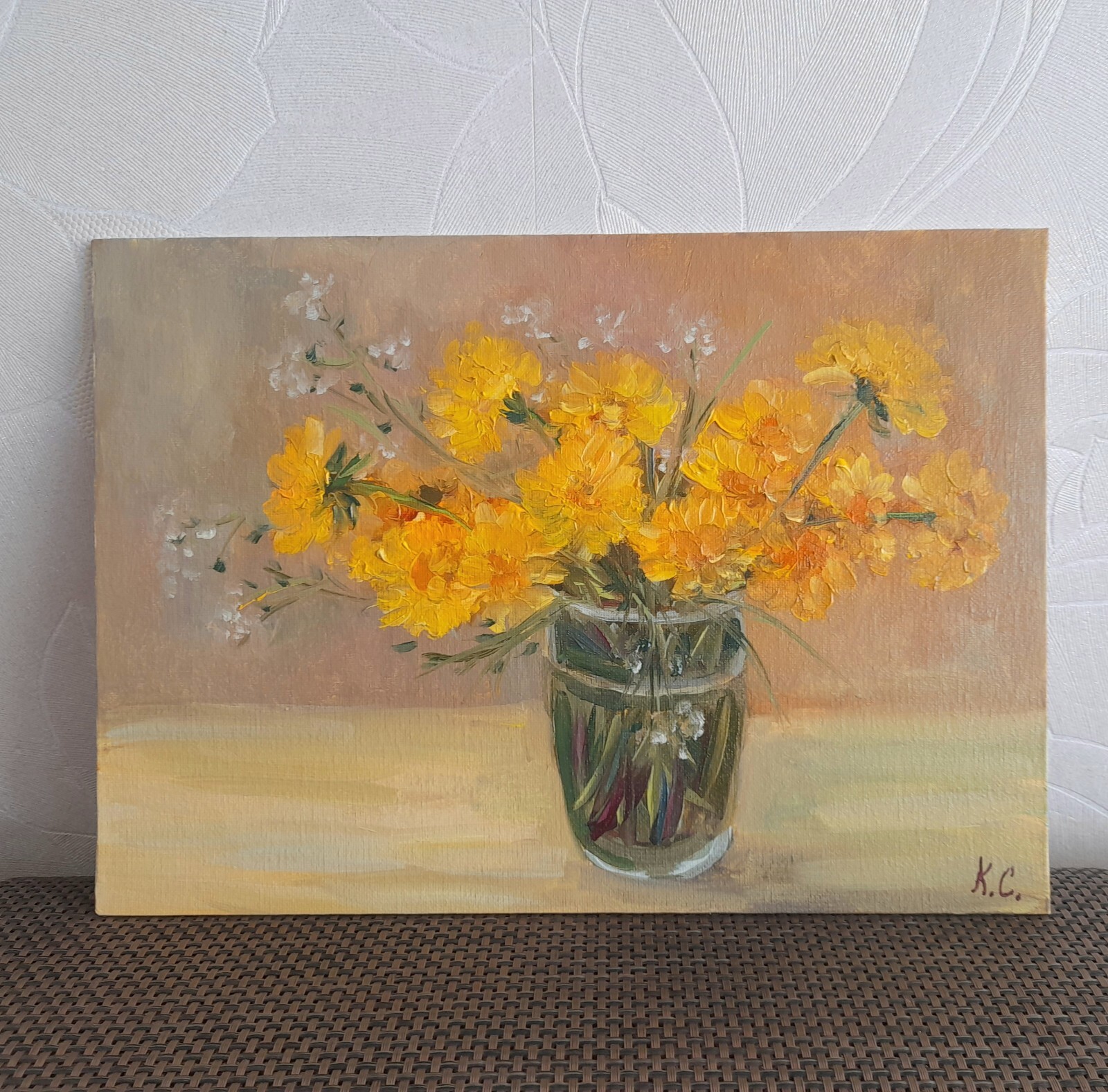 dandelions original oil painting, bouquet of dandelion art, dandelion still life