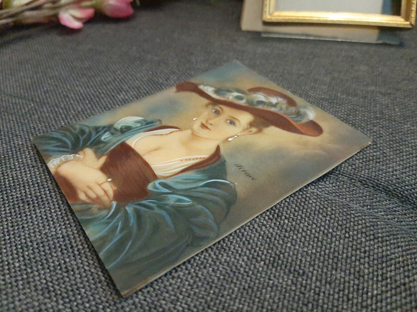 Miniature Hermo Signed Portrait French Lady Straw Hat, Peter Paul Rubens Style
