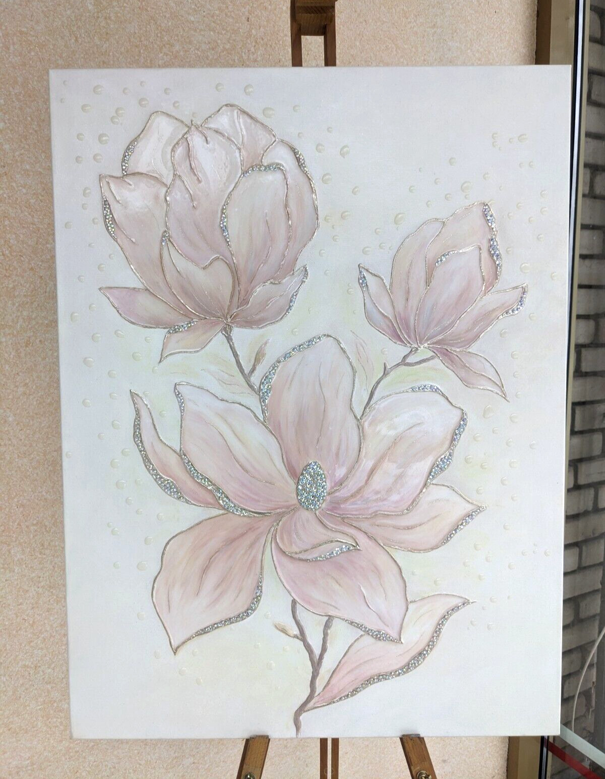 Large 3D texture magnolia painting, Pink floral wall art, Rhinestone Resin Art