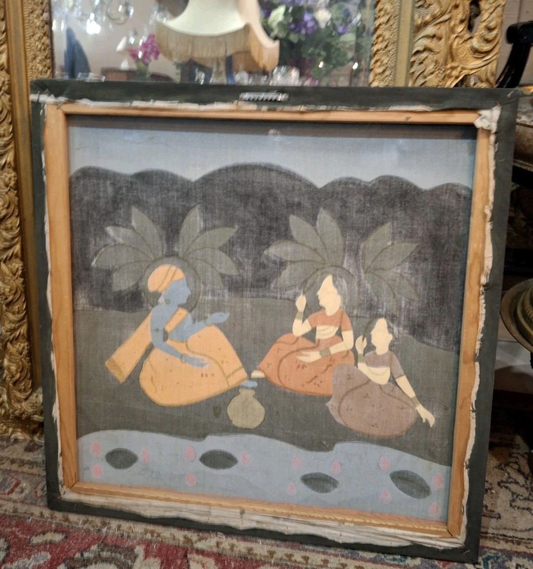 Vintage Indian Painting 24×24 On Cloth | Romantic Courtyard Scene | Mughal