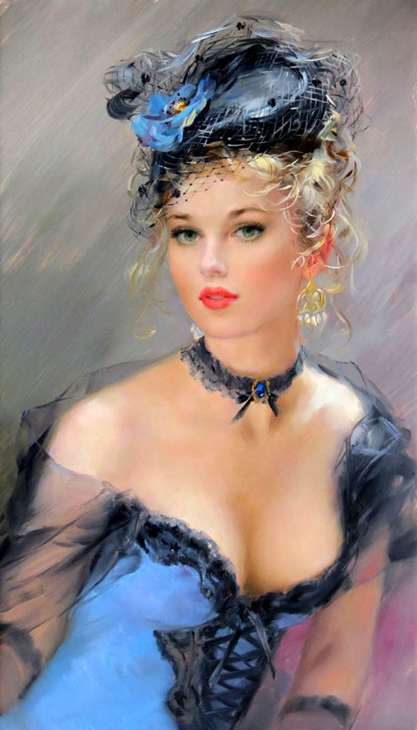 Woman in blue dress Oil Painting Giclee Art Printed on canvas L2017