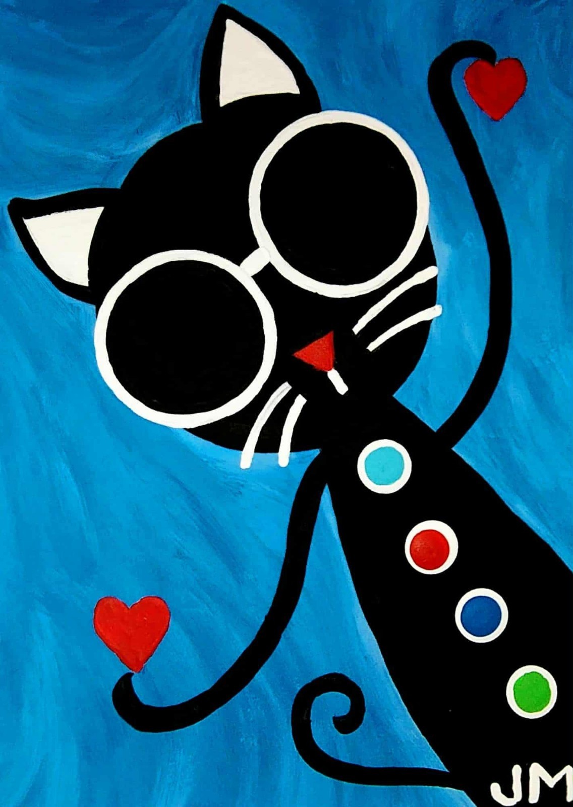 New! ACEO size painting original signed whimsical art «Cool Cat In Love»