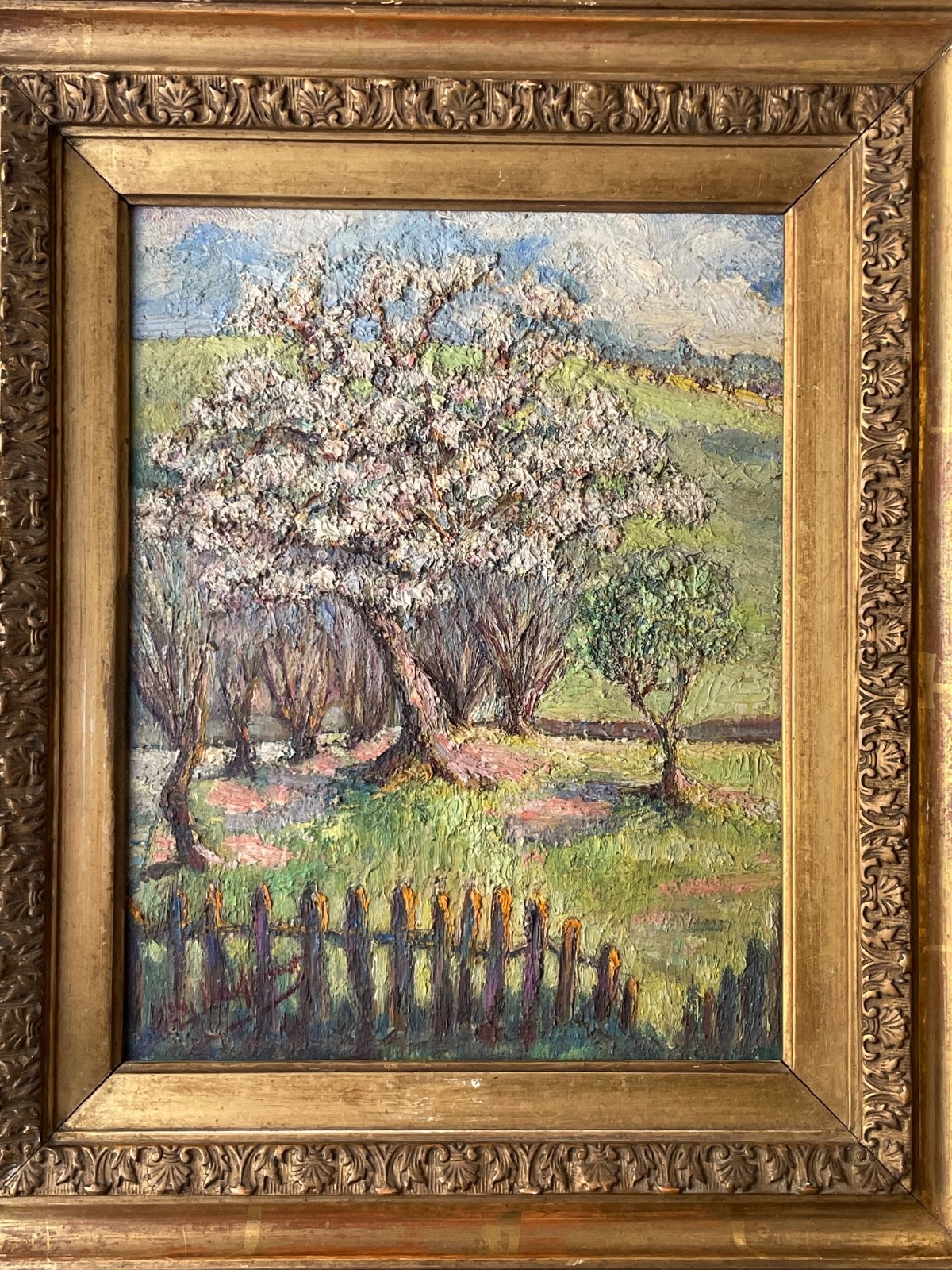 Antique Impressionist Oil Painting Panel Manner Pissarro Countryside in Spring