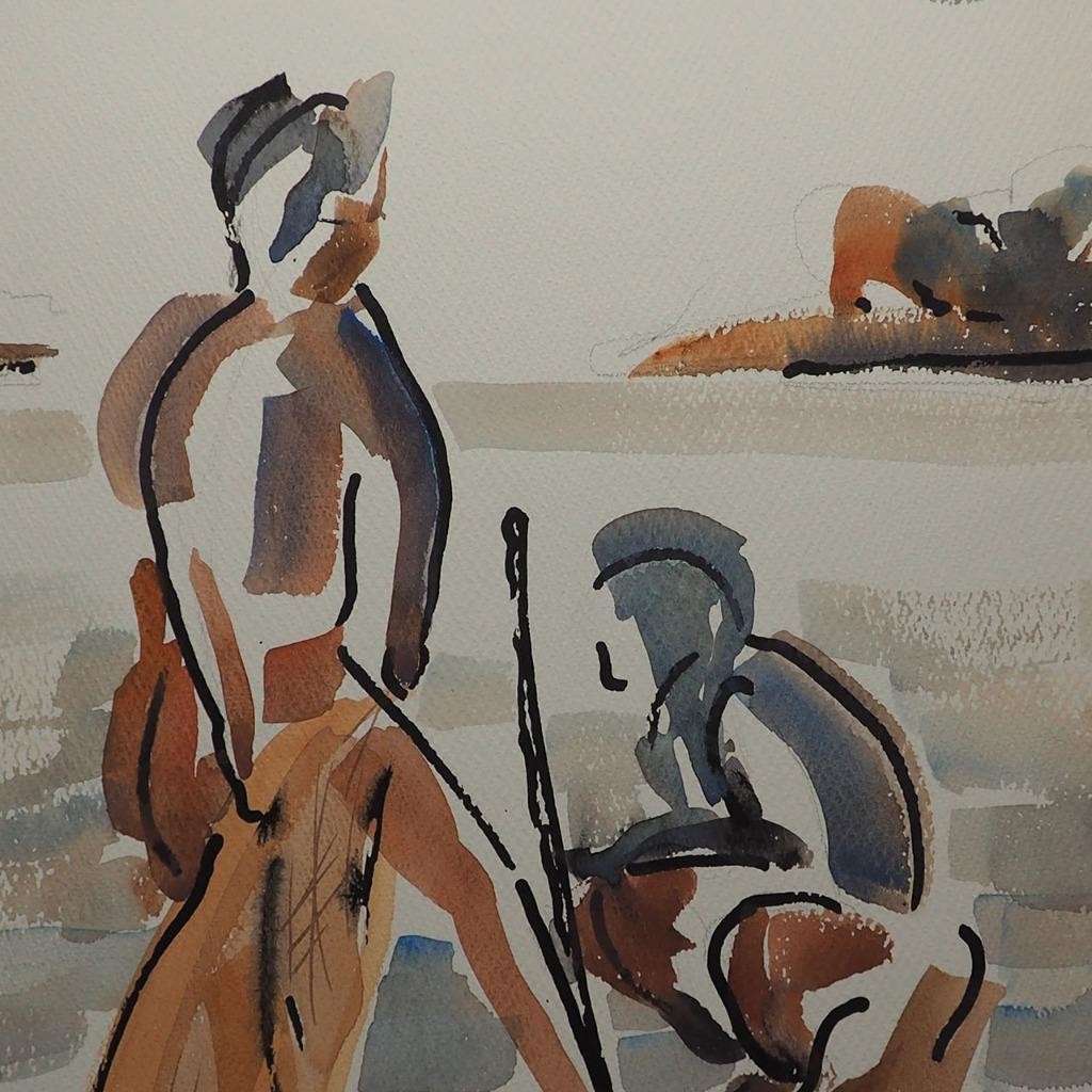 Watercolor Painting Ink Drawing on Paper Fishermen circa 1961