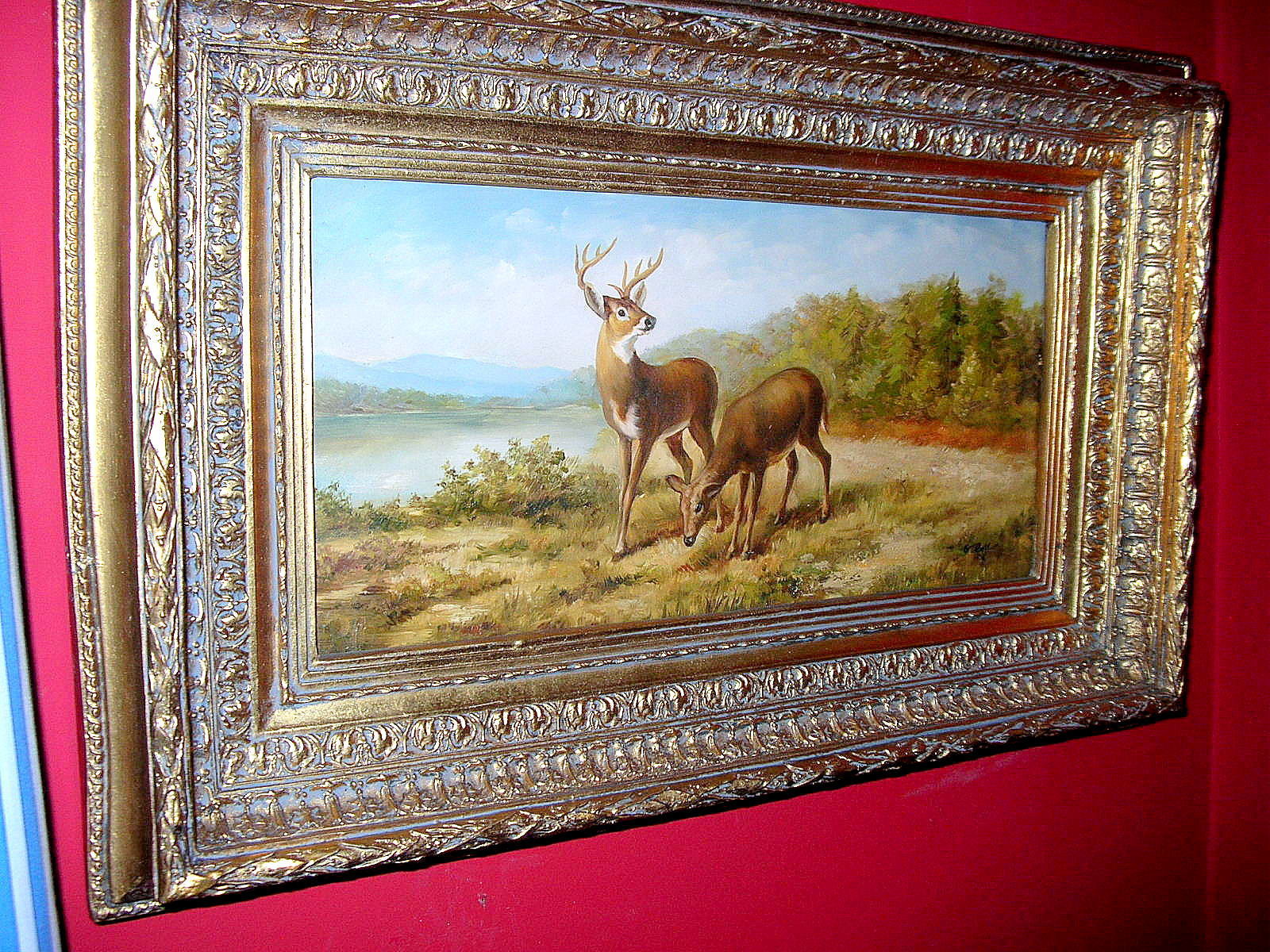 VINTAGE OIL PAINTING WHITE TAILED DEER BUCK AND DOE GIOVANNI ROY