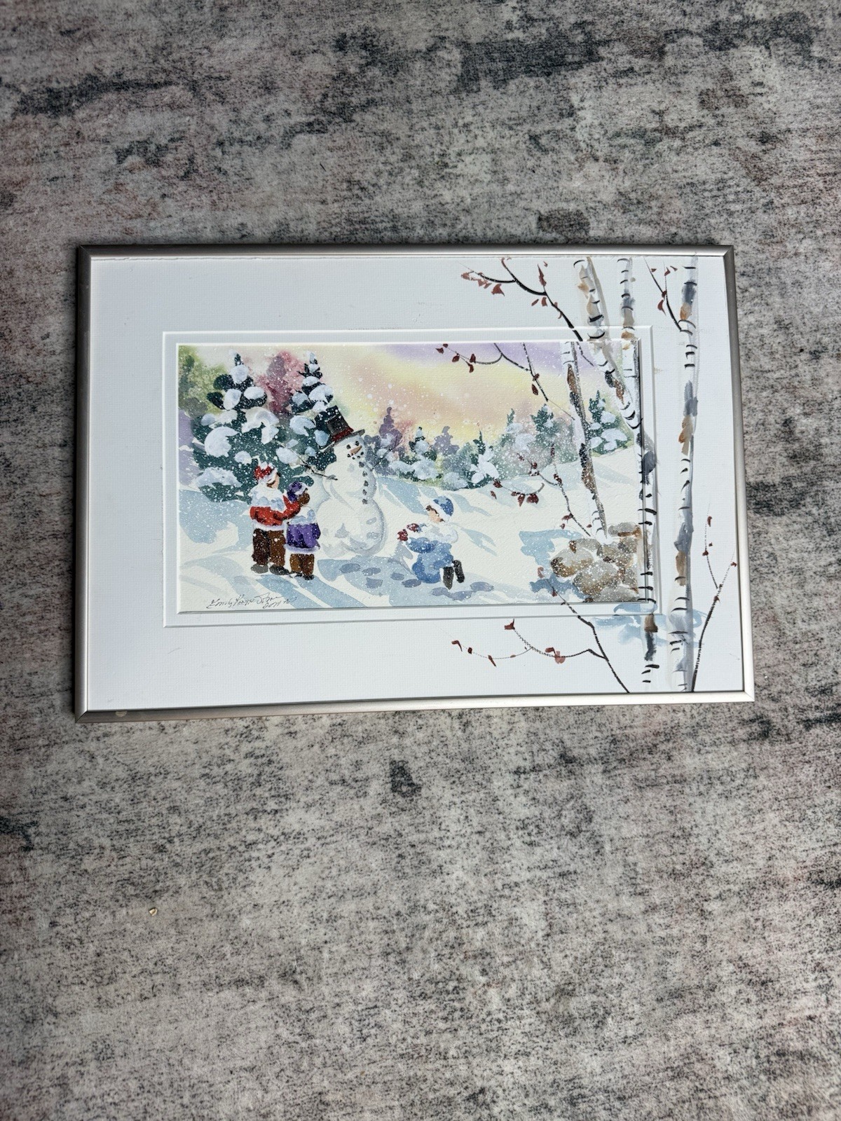 Emily L. keene Emily Johnson Watercolor Original 2000 Signed Snowman Winter Fun