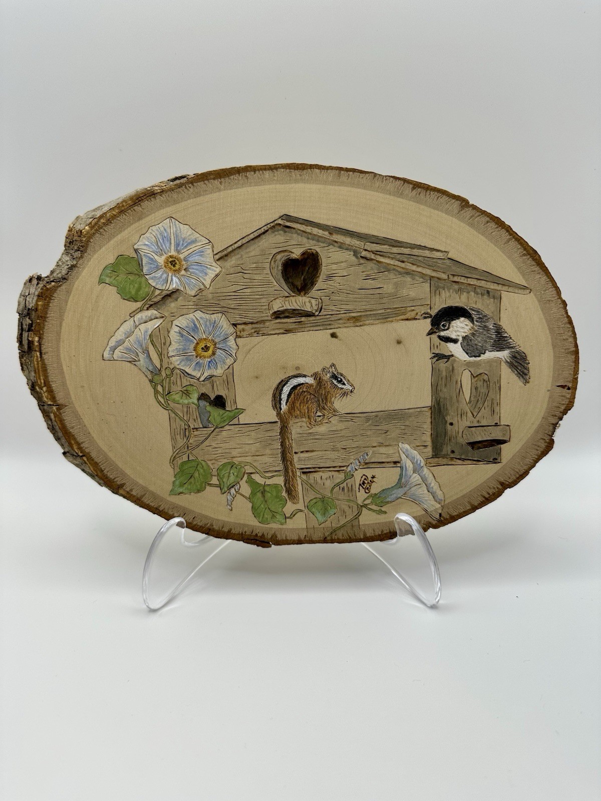 Painted Pyrography Artwork Spring Birdfeeder Nature Chickadee Cottagecore Signed