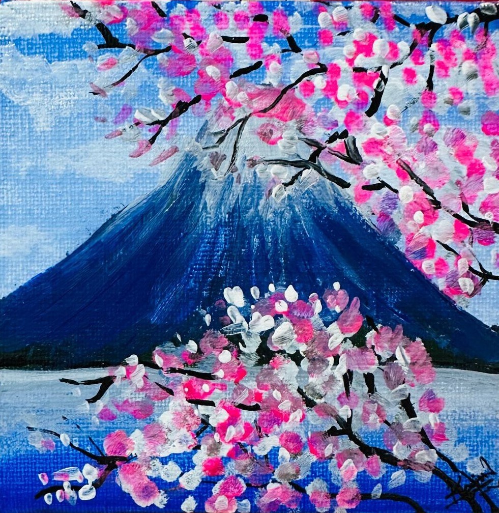 Original Acrylic Painting Cherry Blossom Fuji Landscape Canvas Art 10cm*10cm NEW