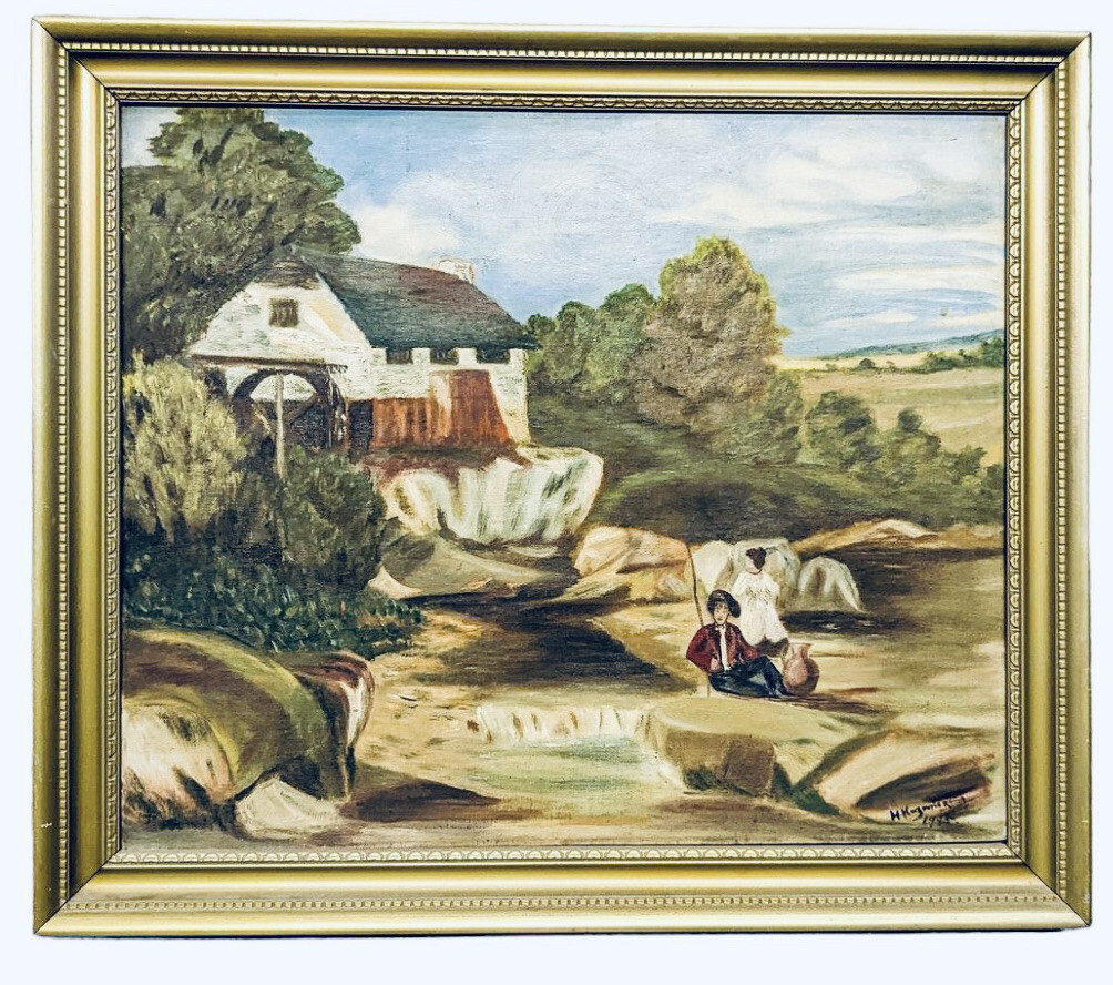 Vintage Signed 1945 Mill Landscape Oil Painting on Board Children Fishing 28”L