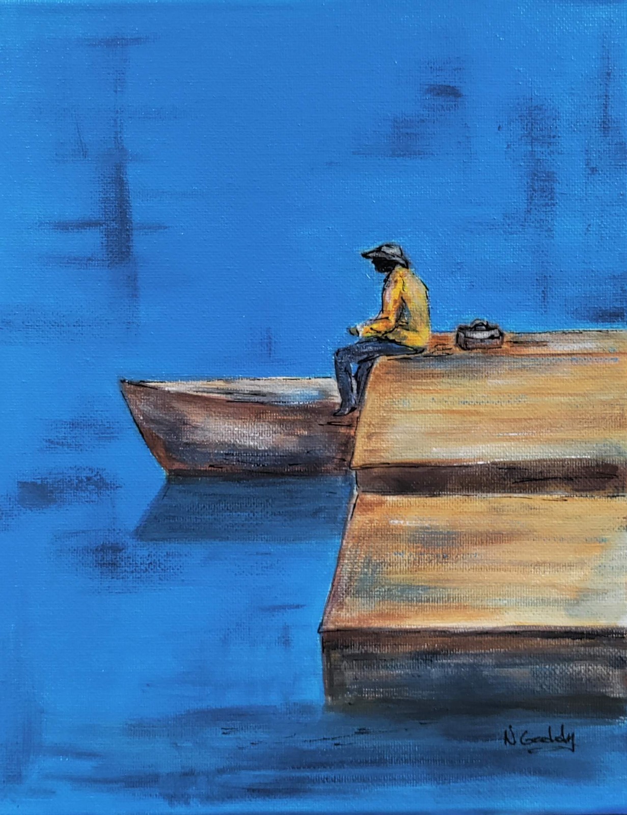 Original Expressionism 8 x 10 Man Fishing Acrylic Art Canvas Wall Painting