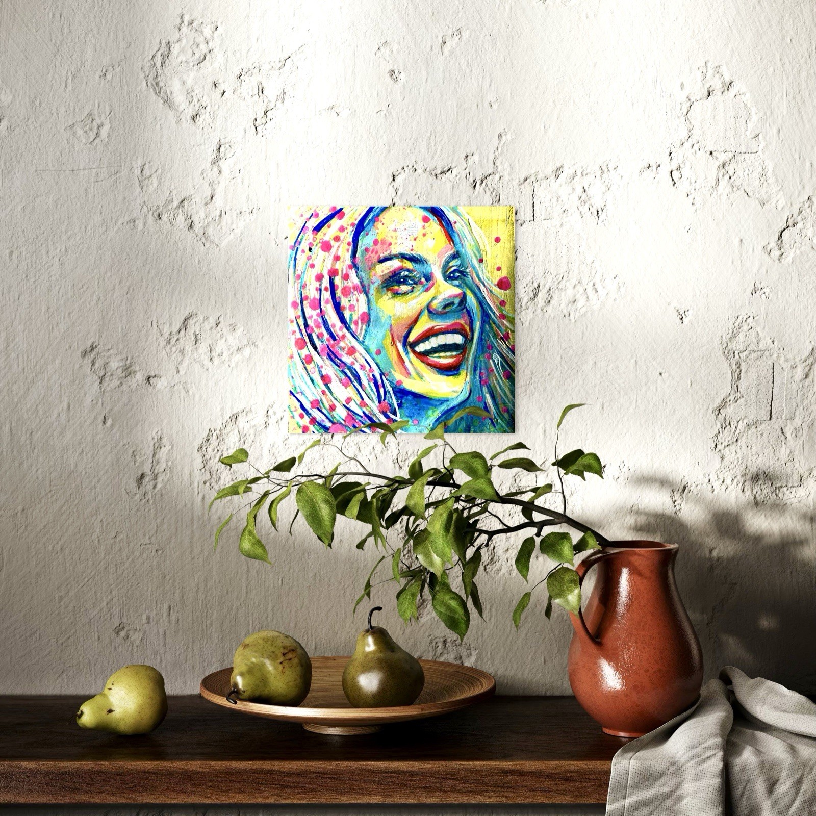 ORIGINAL Portrait Woman Colorful Acrylic Oil Chalk Art Painting