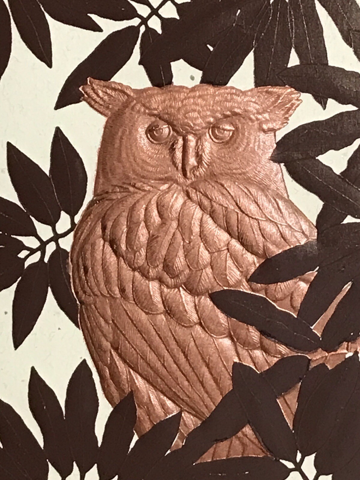 GREAT HORNED OWL ART WORK on Embossed Paper Metallic Copper Paint & Brown Leaves