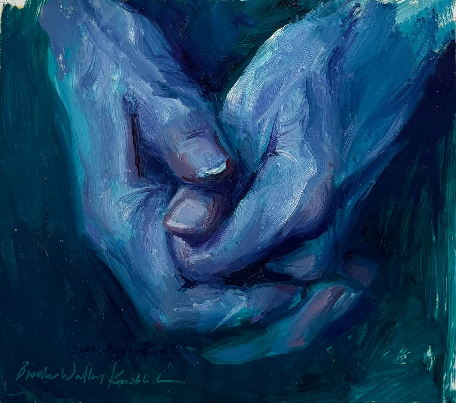 Blue hands painting in oil figurative study by living artist 6″x7″