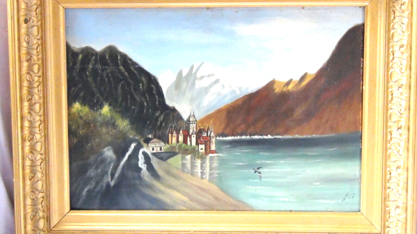 ANTIQUE 19c FRENCHOIL ON BOARD ORIGINAL PAINTING SIGNED P. BROWN»CASTLE&MOUNTAIN