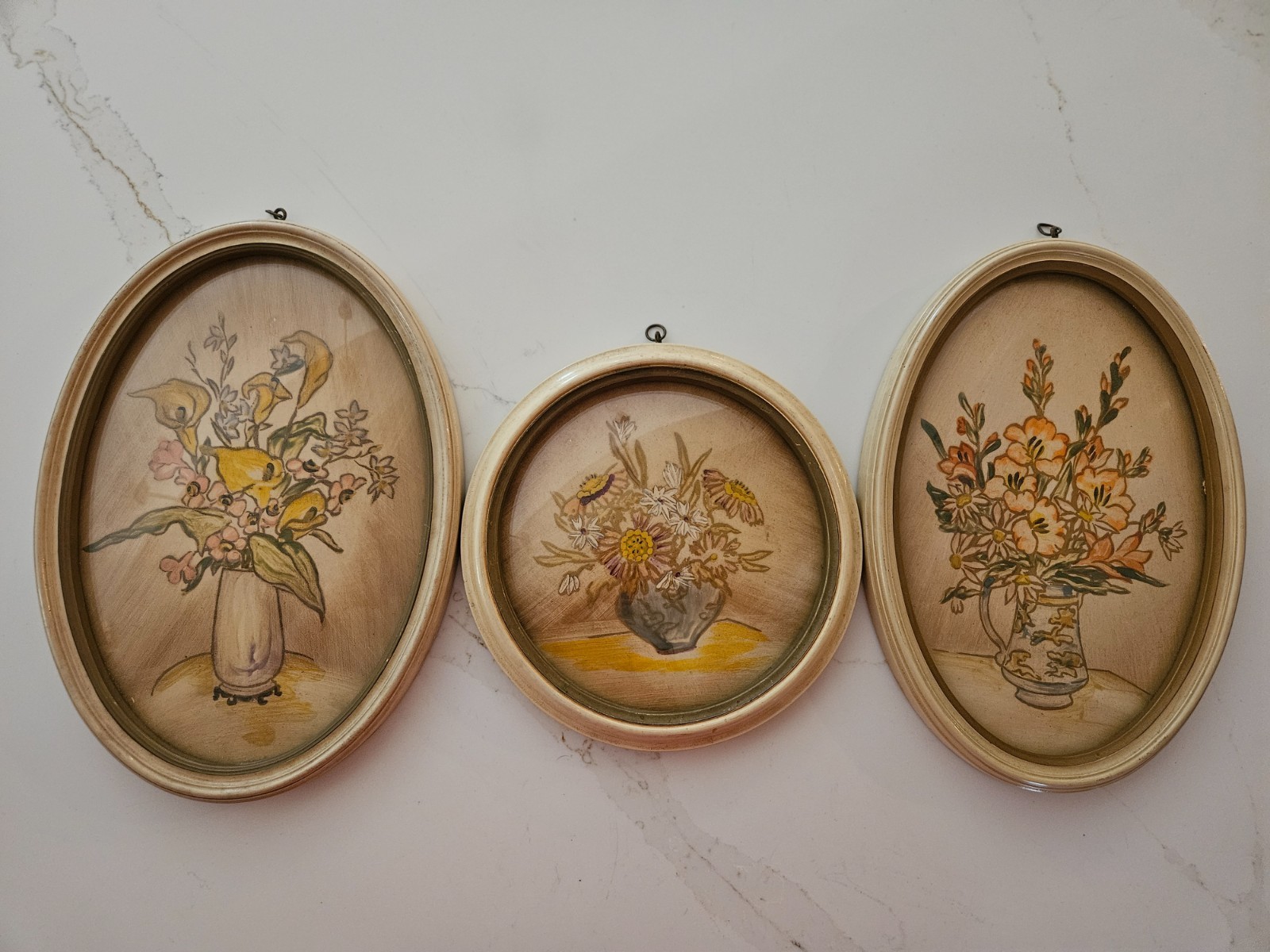 Set of 3 Vintage framed lacquer floral paintings (hand painted)