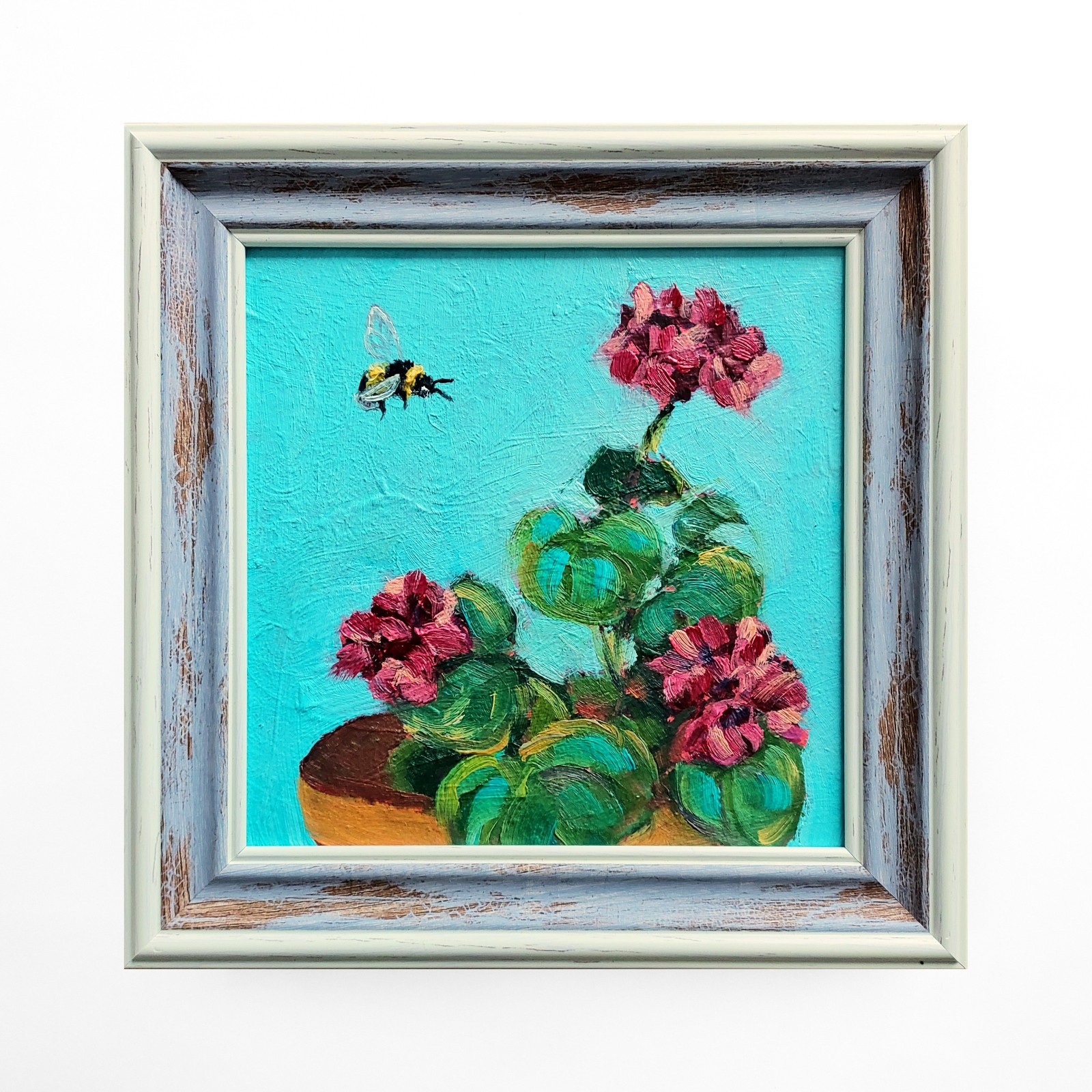 Original Painting Oil on Panel 6×6 Geranium Flower & Honey Bee Impressionist Art