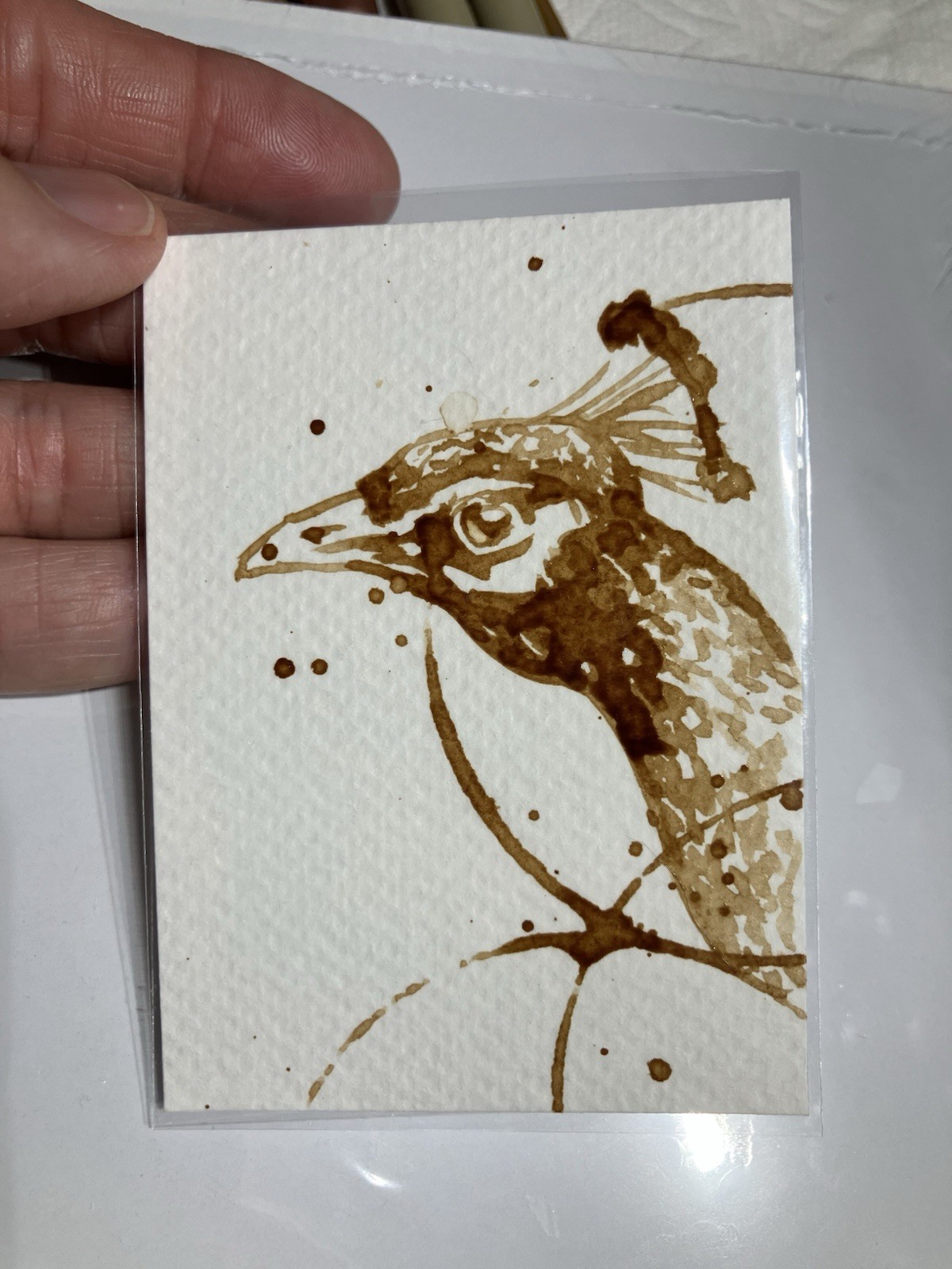 Original Coffee Peacock Painting Bird Lover Art Aceo Gift ATC Artwork Artettina