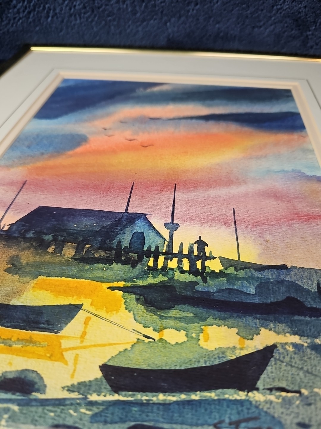 Vintage Watercolor Painting Sunset Ocean Fishing Boats Signed Art Framed 1972