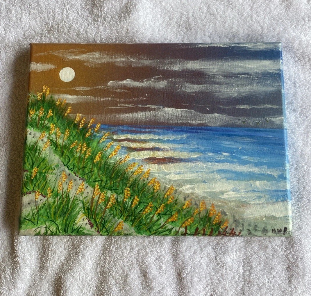 Original Primative 9×12’ Beach Painting Spray Paint & Acrylic On Canvas