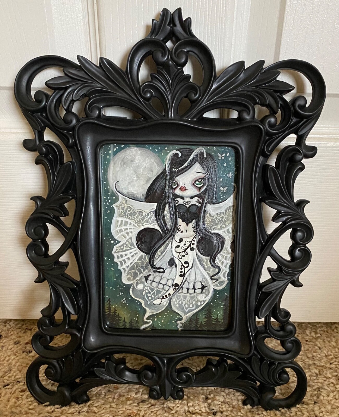 Halloween Original Art – Tattooed Goth Moon Moth Girl with Skull Face Wings CUTE
