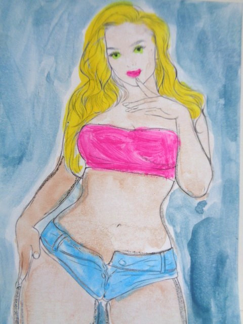 ACEO Women In Art – BLOND MINI SHORTS MODEL Painting ART