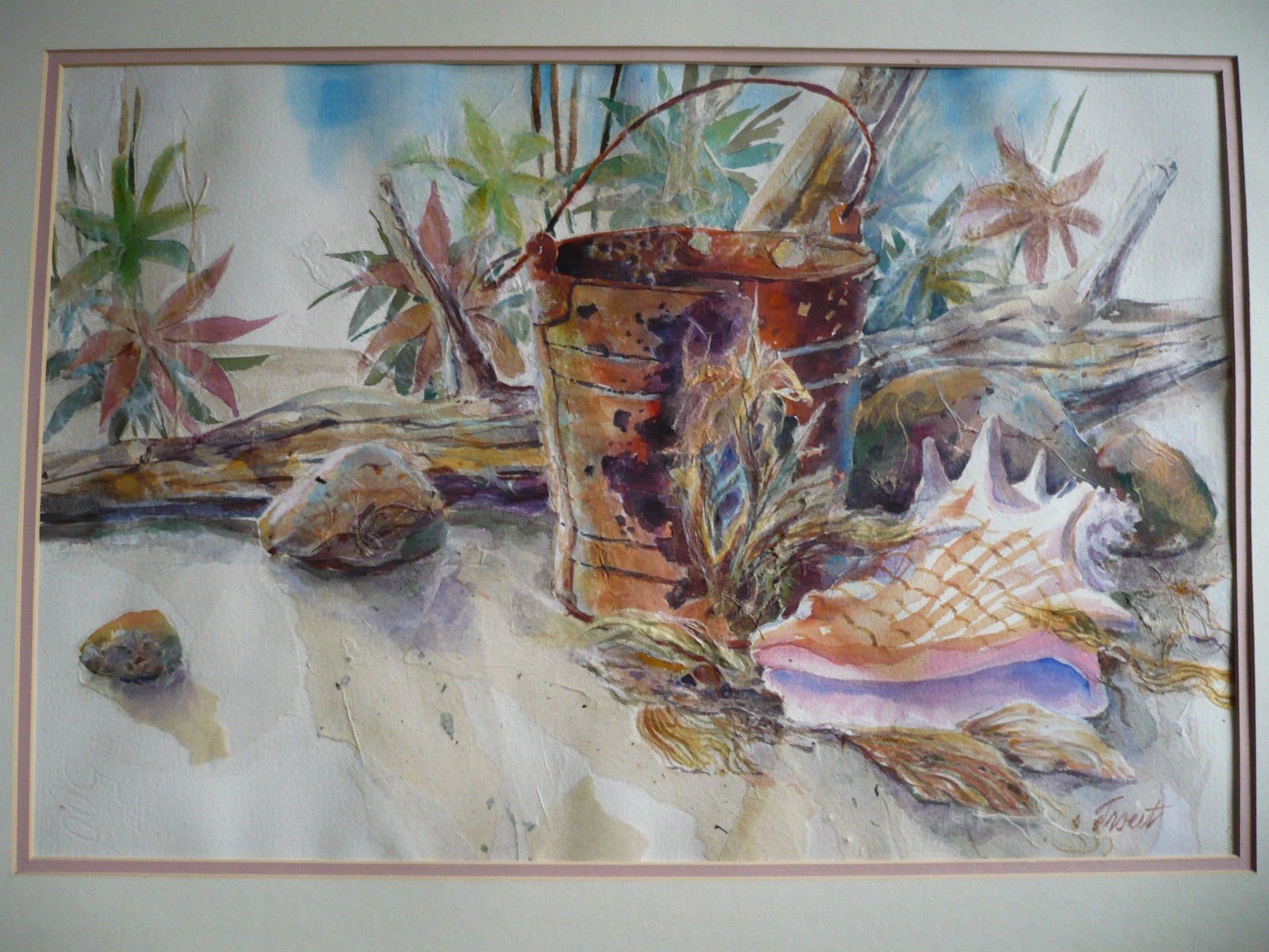 SIGNED TROUT, VINTAGE IMPRESSIONIST WATERCOLOR SHELL AND BUCKET TROPICAL BEACH
