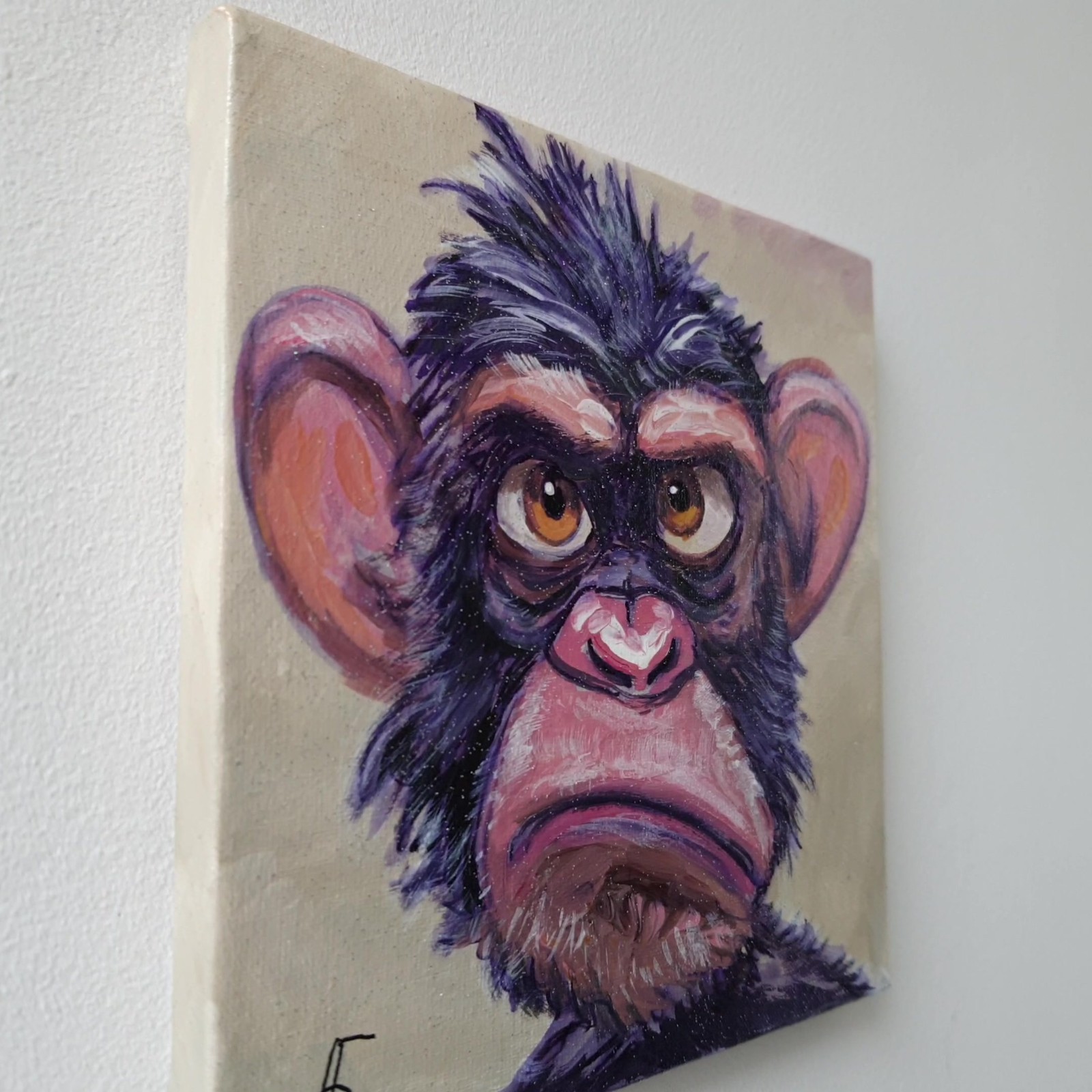 Original Acrylic Painting Funny Grumpy Chimp Monkey Portrait Small Hand Painted