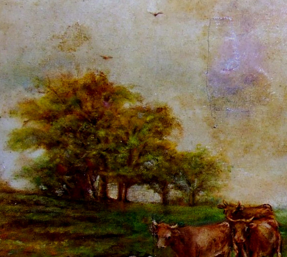 Antique 19th C. Landscape Gathering Watering Cows Oil on Board Gilt Ornate Frame