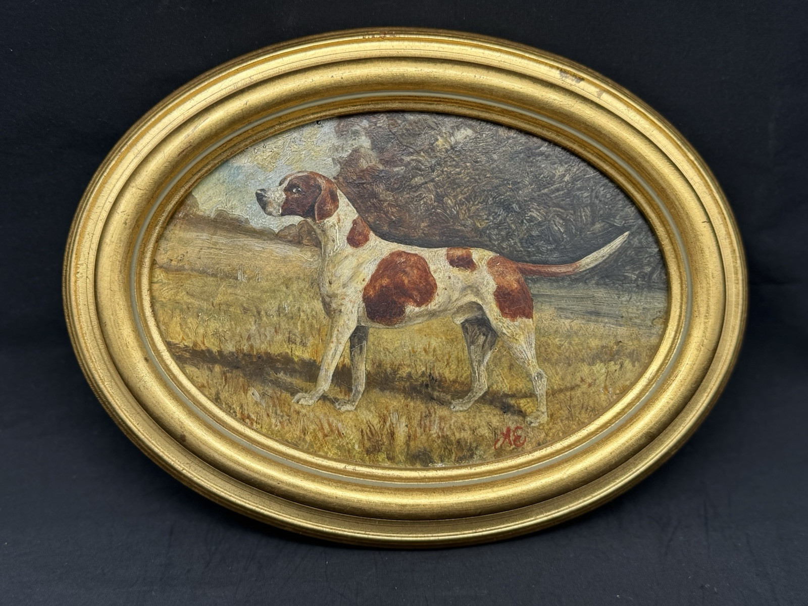 Small Vintage Signed Hunting Dog Oil on Board Painting, 8 5/8″ x 6 5/8″
