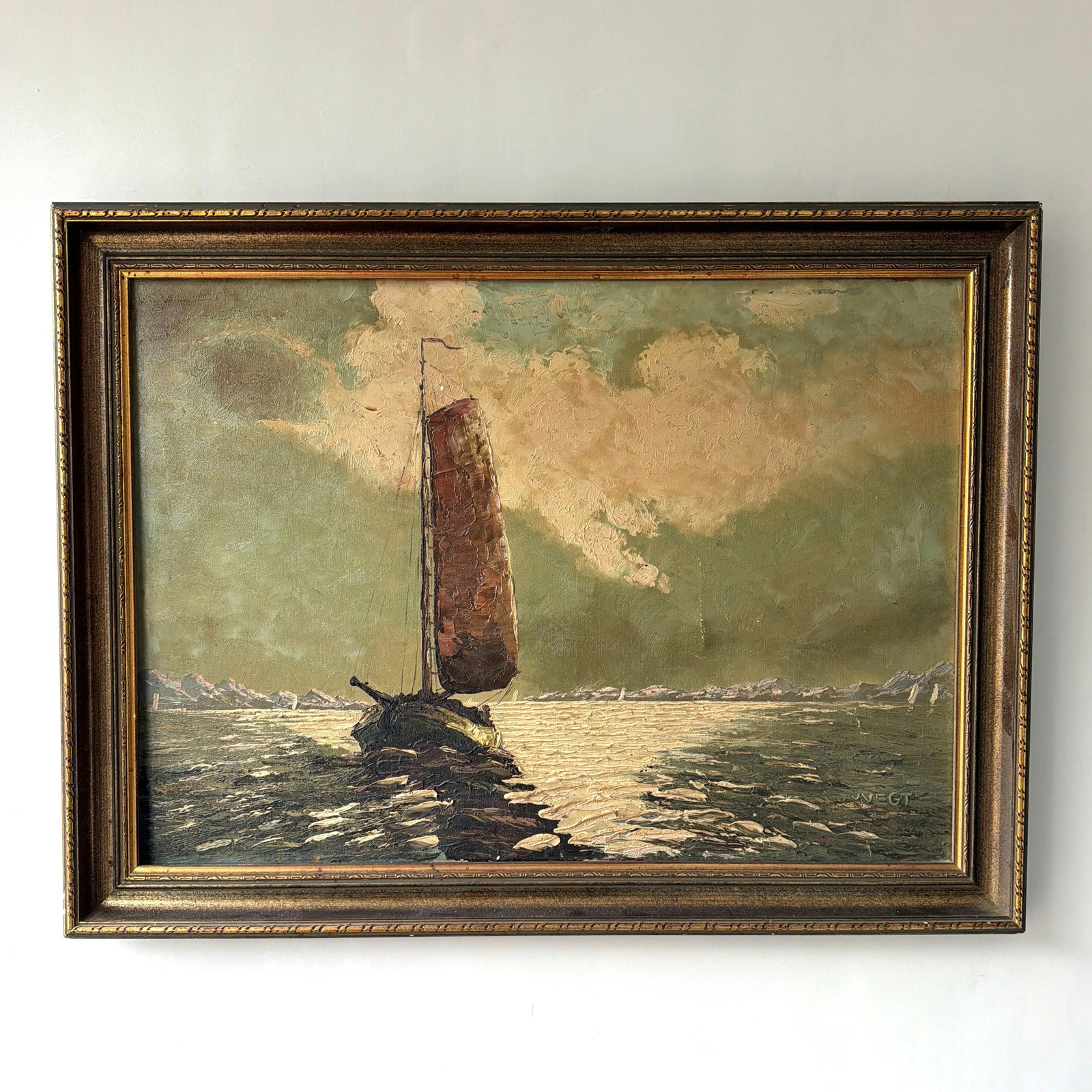 Elegant Seascape Oil Painting «Sailing Boat» Refined Large Artwork
