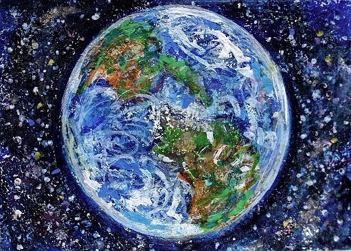 ACEO Original Painting EARTH Planet STARS Universe Galaxy Moon Space ATC ART