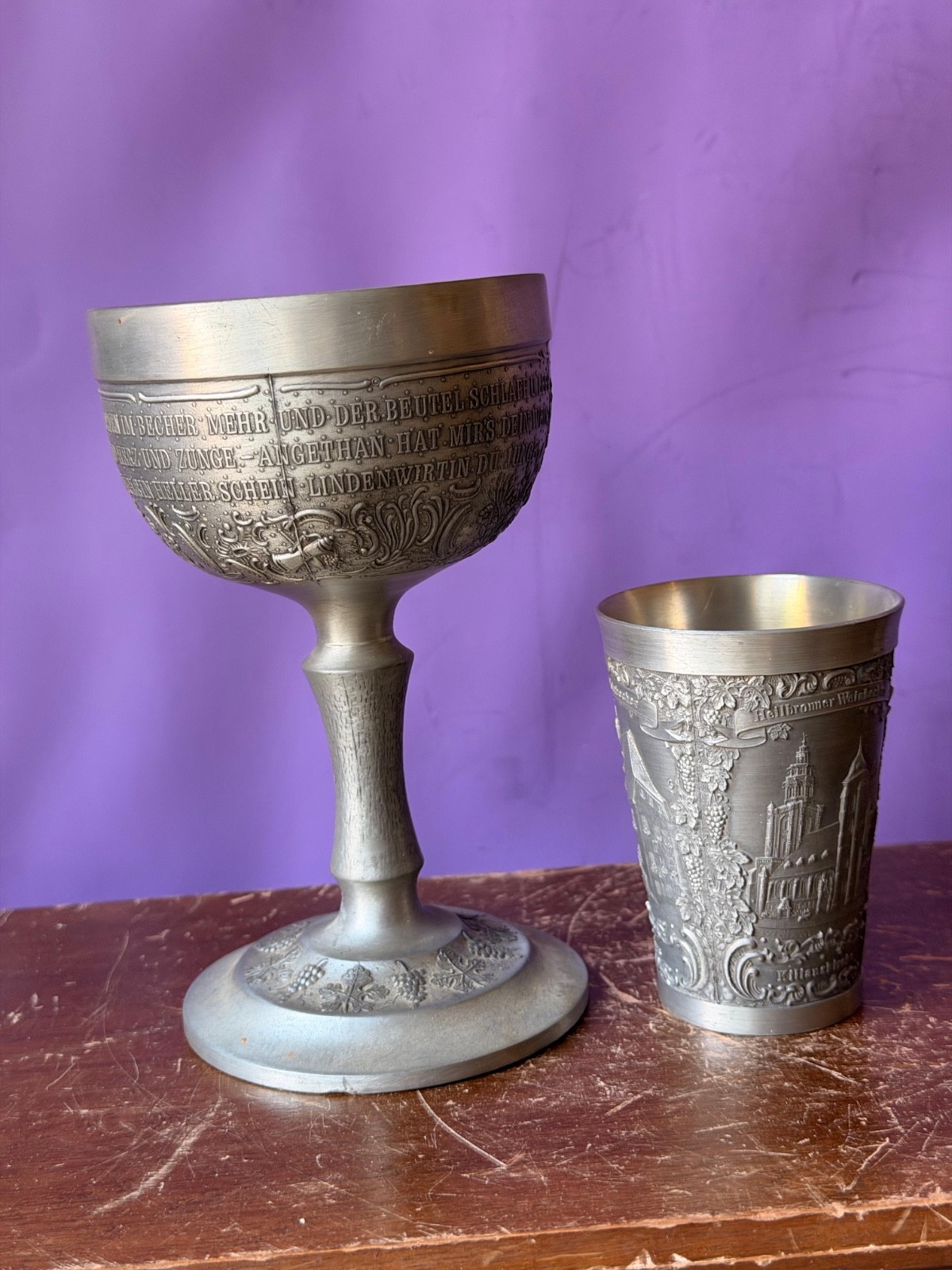 Vintage German Pewter Goblet Beaker Set Heilbronn Zinn Drinkware