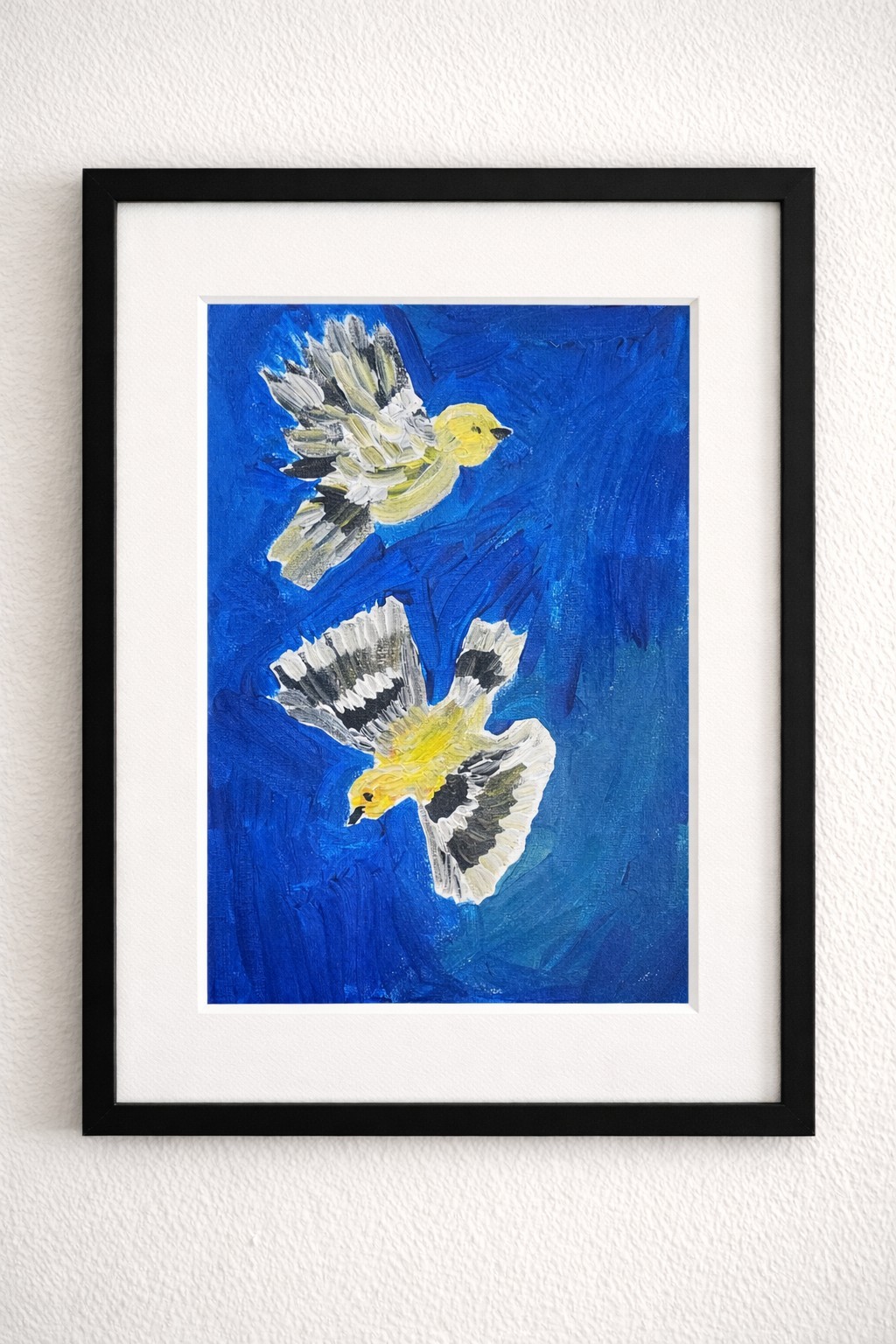 Goldfinch Birds in Flight Painting 11×14 Acrylic on Canvas | Blue Sky Wall Art