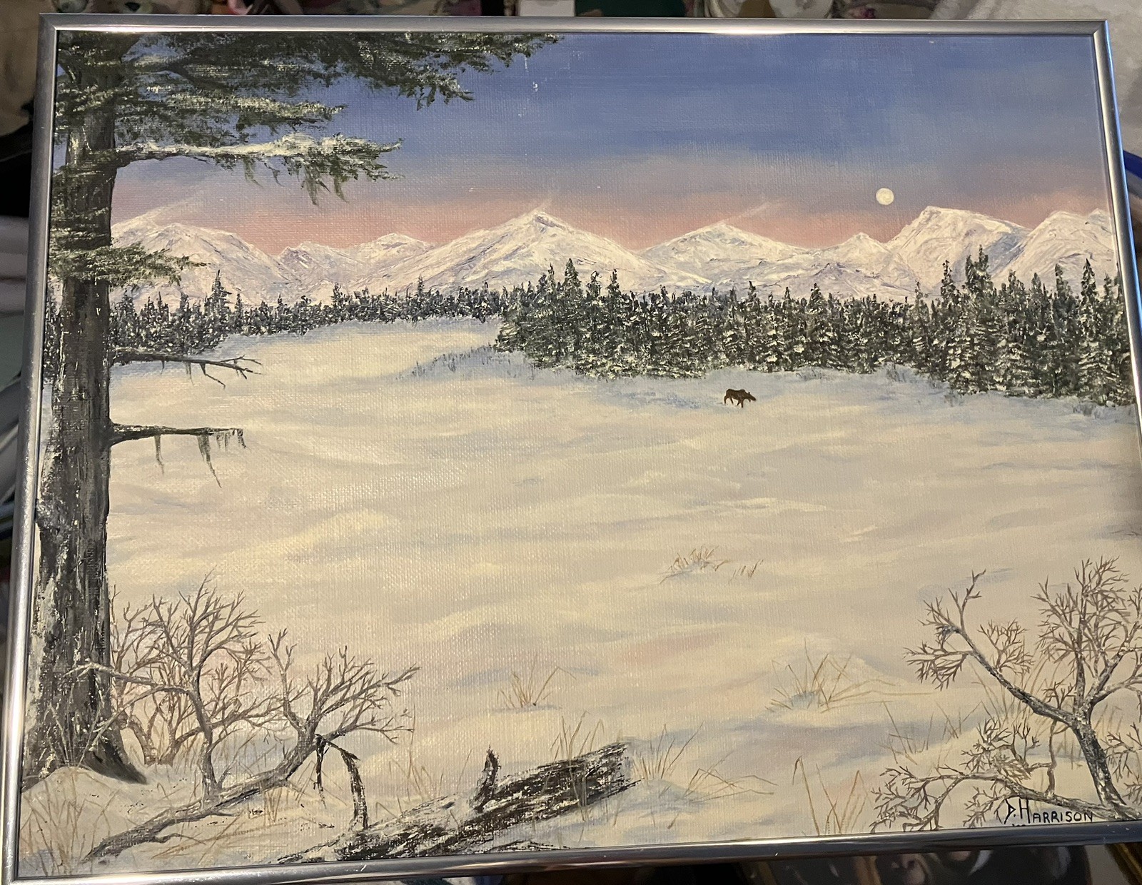 Original 1992 Oil Painting – Alaska Winter Landscape w/ Moose – Signed D. Harris