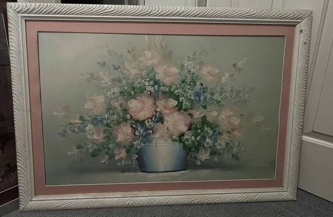 Vintage Oil On Canvas Beautiful Floral pot of flowers Painting