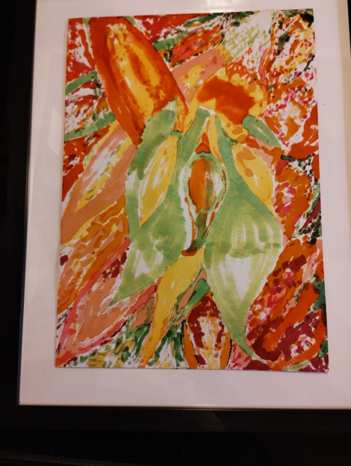 Framed Original Signed Acrylic Modern Painting Heavy Paper Bold Floral Red Green