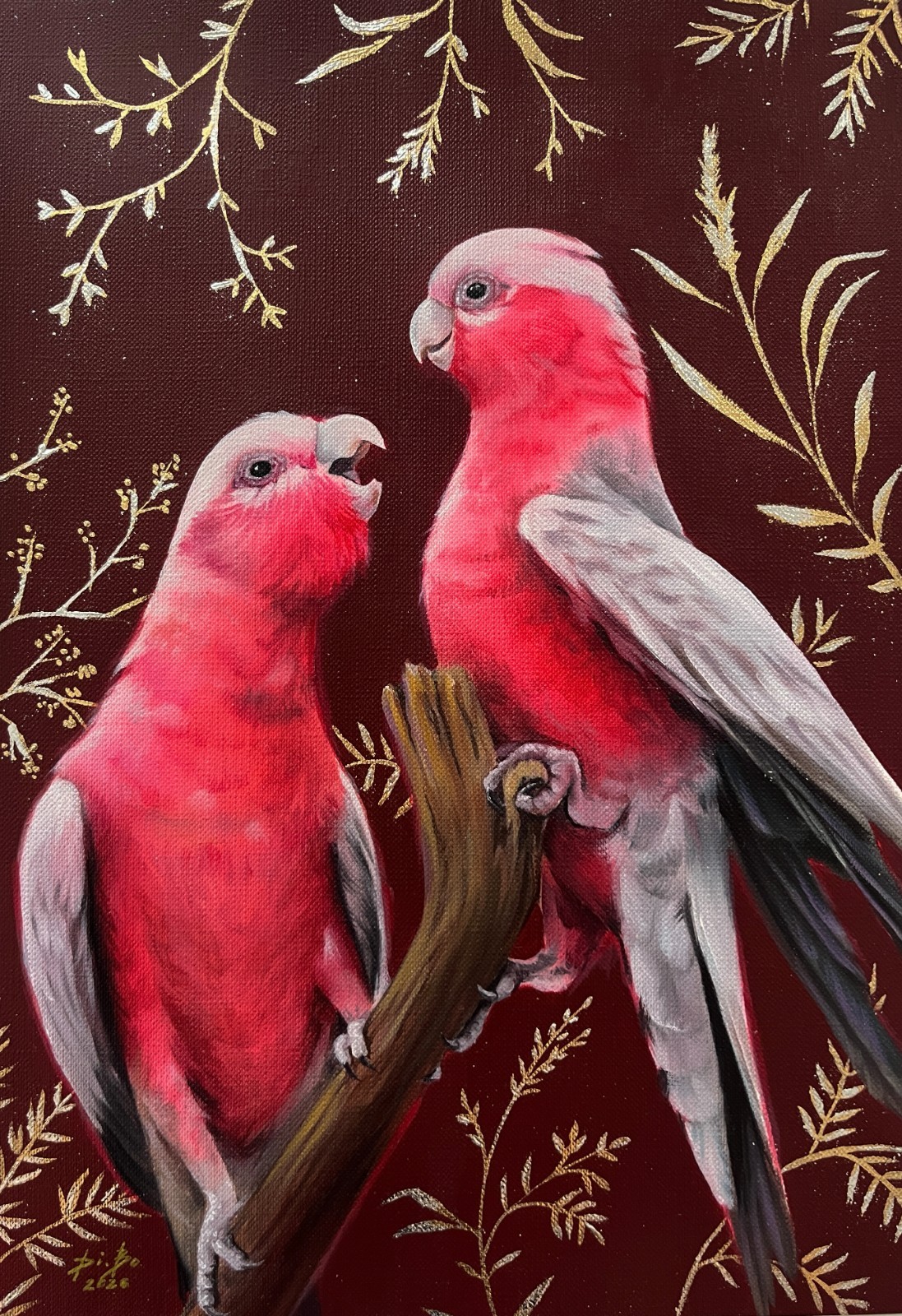 Original oil painting parrots, flowers 21 * 30 cm , OOAK , Hand painting
