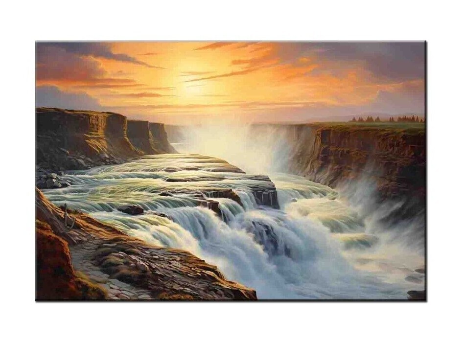 Gullfoss waterfall Oil Painting Printed on canvas,Giclee Print,Iceland Painting