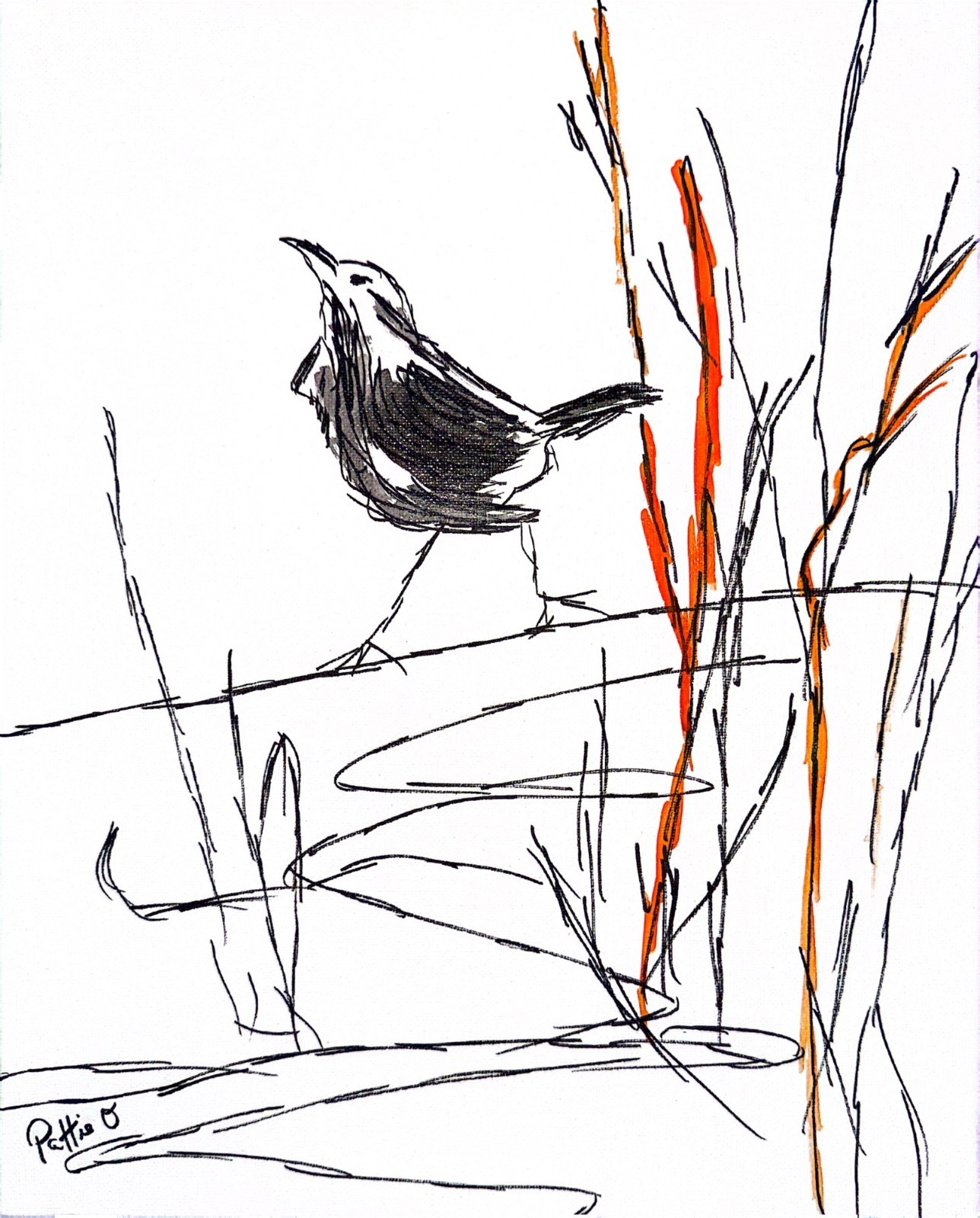Bird Painting 14×11 Minimalist Ink Expressionism Art Canvas Signed Home Decor