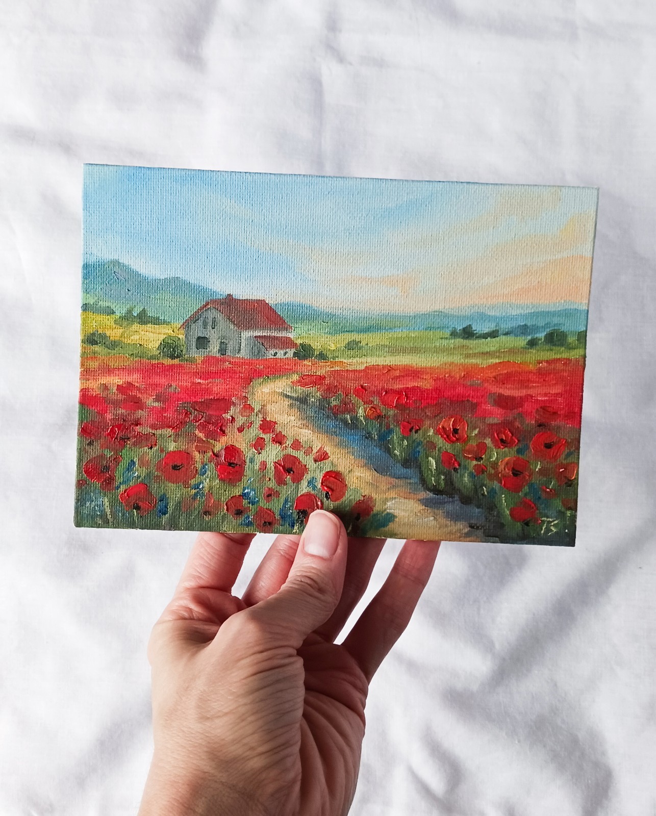 ORIGINAL Oil Painting Modern Impressionism Landscape House Poppy Field 5″x7″