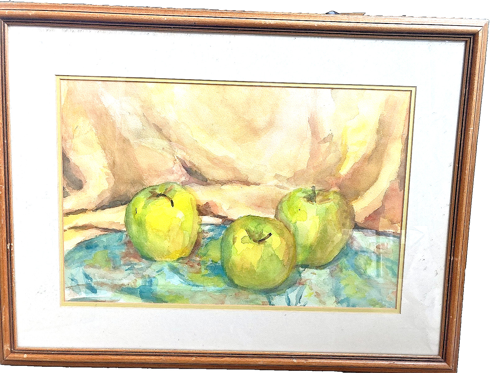 Watercolor Painting Apples Still Life Vintage Original 1950 matted framed glass