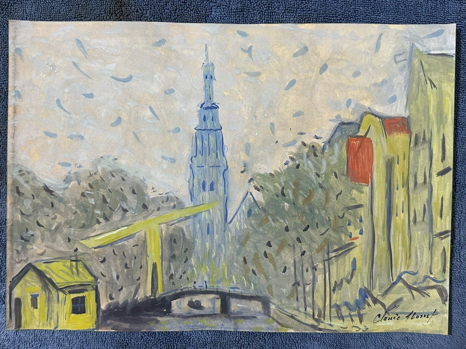 claude monet drawing and painting on old paper signed stamped vintage