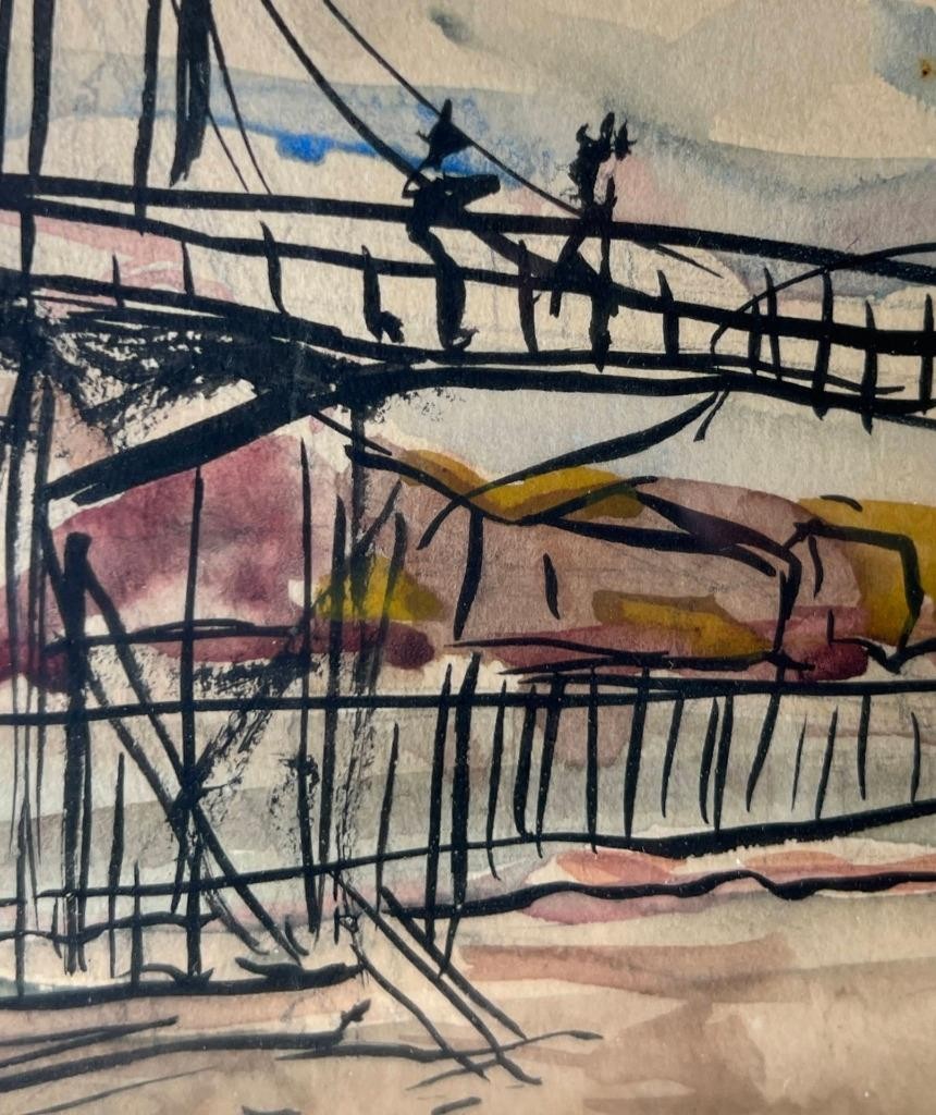 Vintage American Expressionism Watercolor Architecture Bridge Drawing Painting