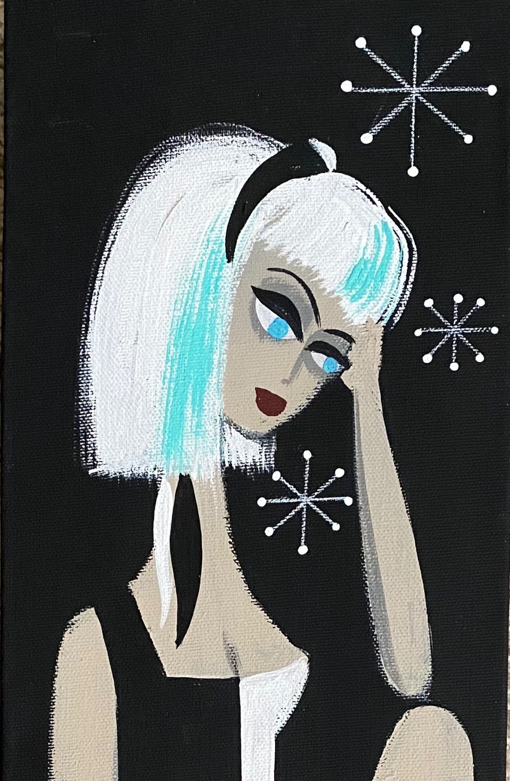 El Gato Gomez Original Art – MCM Girl in B/W with Black Cat – Blue Hair Streaks