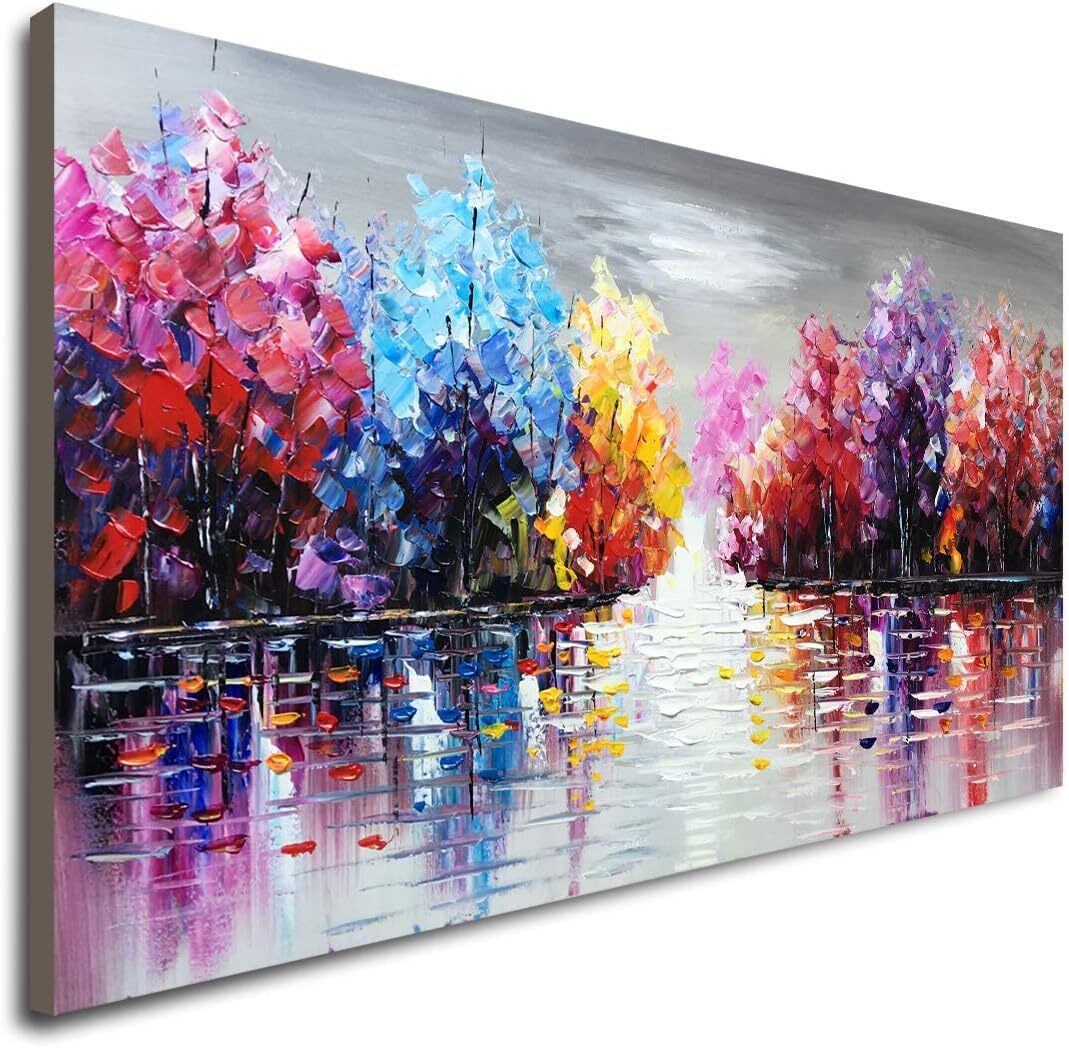Hand Painted Landscape Canvas Wall Art Colorful Tree Thick Texture Oil, 48×24 in
