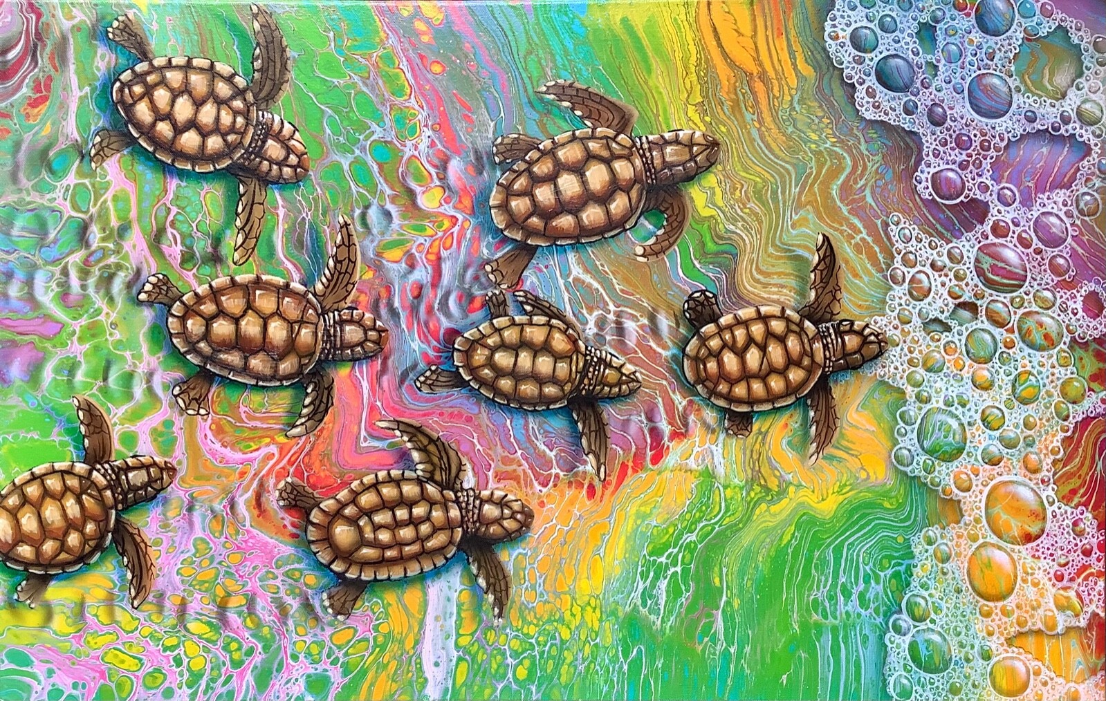 “BABY SEA TURTLES ” Fluid pour/airbrushed original painting on canvas