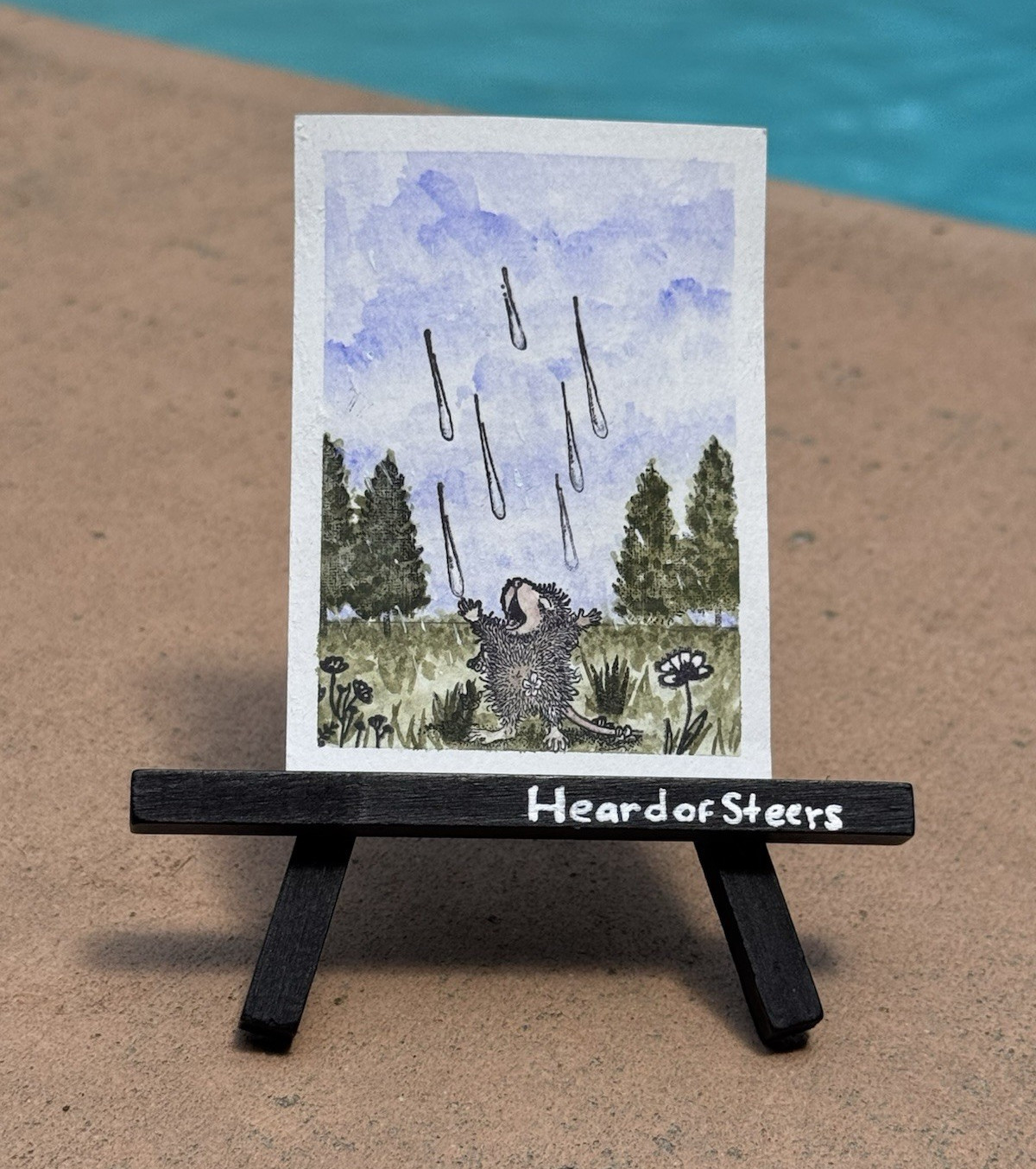 ACEO ORIGINAL HeardofSteers Miniature Watercolor Animal Landscape Rain Trees